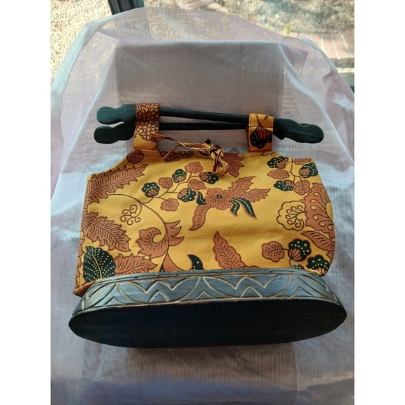 World Market Boho Wood & Fabric Purse Handbag Wooden Base and Handles - Picture 1 of 9